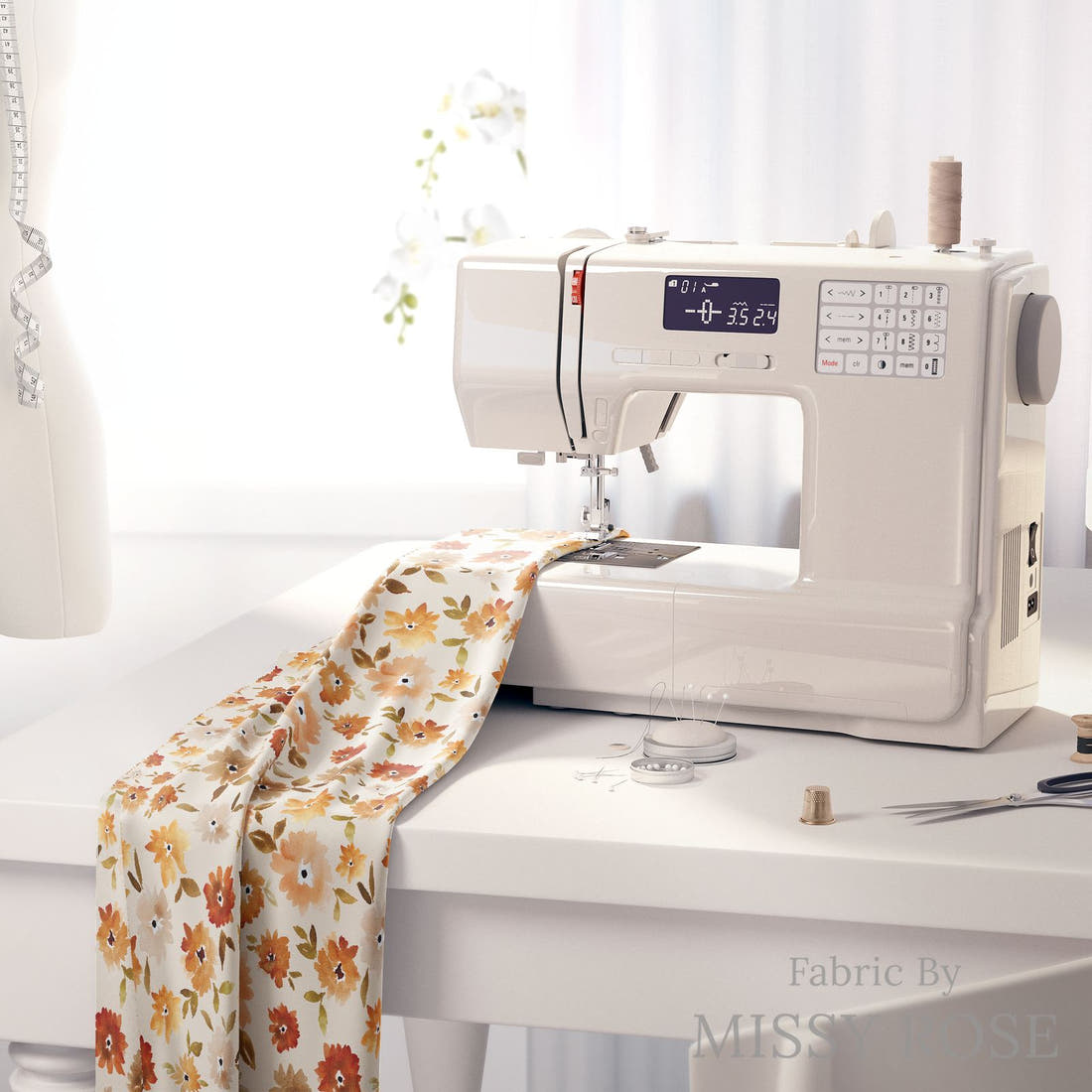 Indy Bloom Fabric Grandmas Garden Mums in Cream 07 fabric on a sewing machine - sew your own | Fabric by Missy Rose