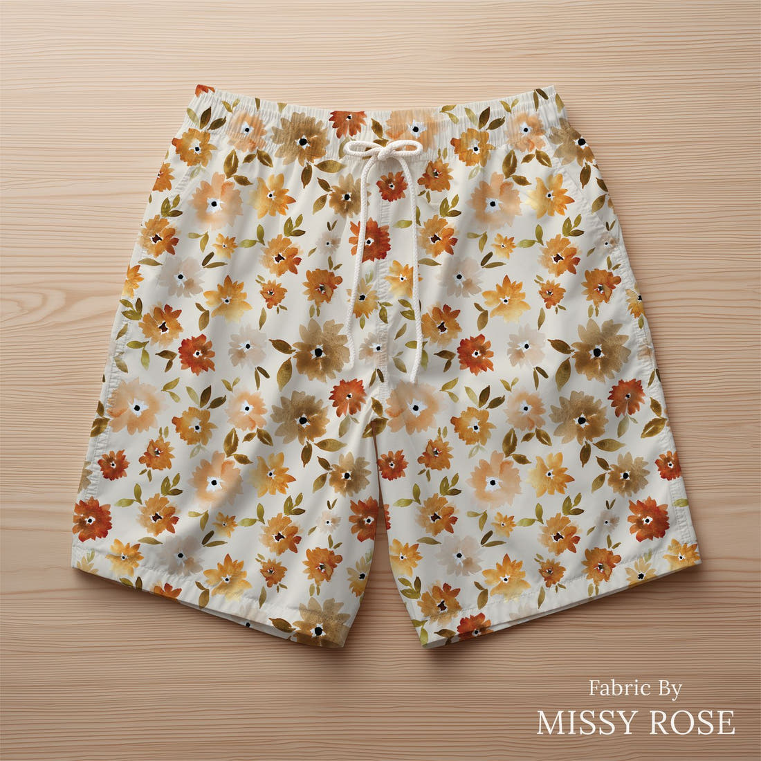 Indy Bloom Fabric Grandmas Garden Mums in Cream 07 sewn into swim shorts - custom printed fabric | Fabric by Missy Rose