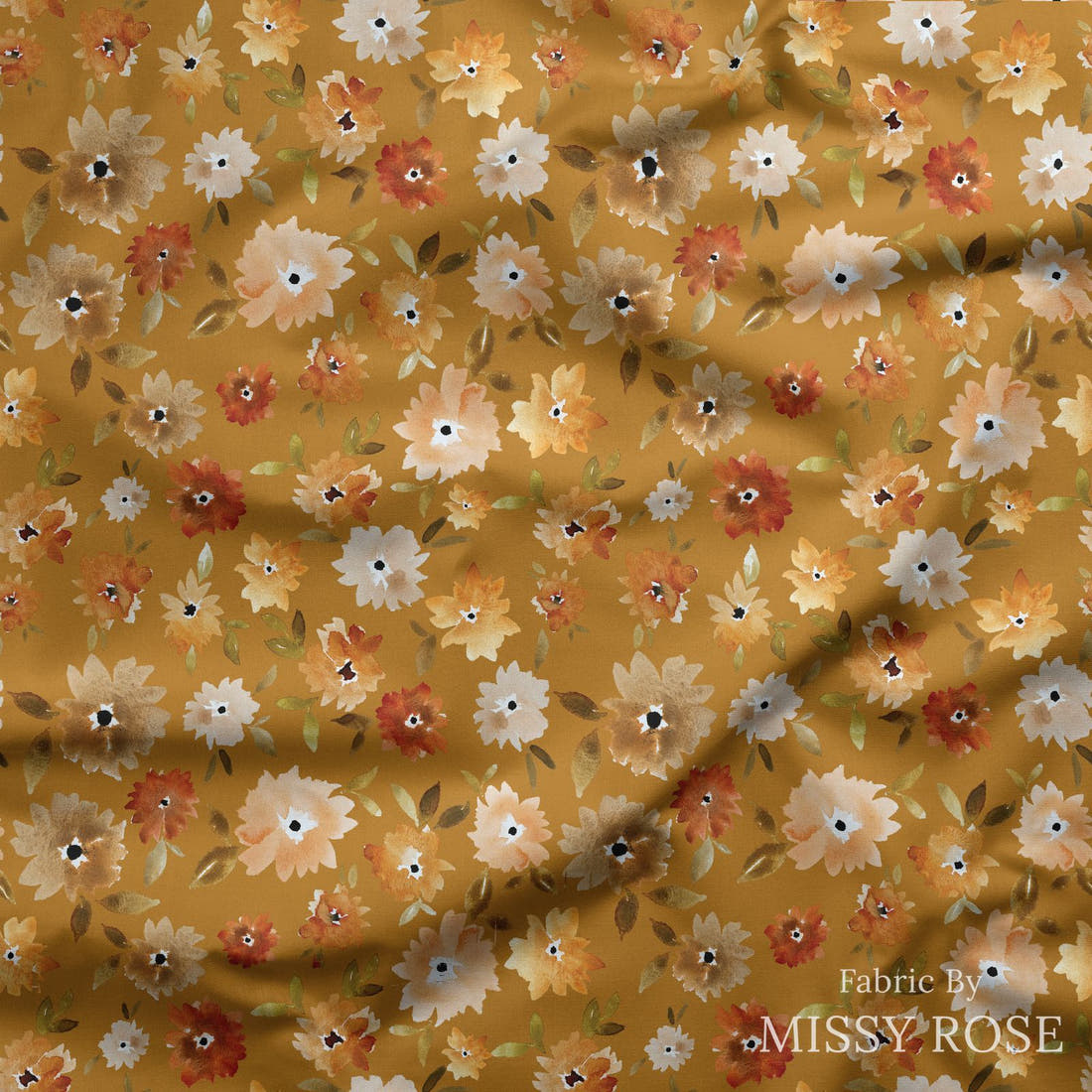 Indy Bloom Fabric Grandmas Garden Mums in Golden 08 draped fabric mockup - custom printed fabric by the metre | Fabric by Missy Rose