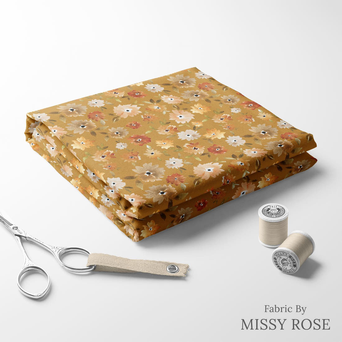 Indy Bloom Fabric Grandmas Garden Mums in Golden 08 folded fabric stack with matching thread - pre-order fabric Australia | Fabric by Missy Rose