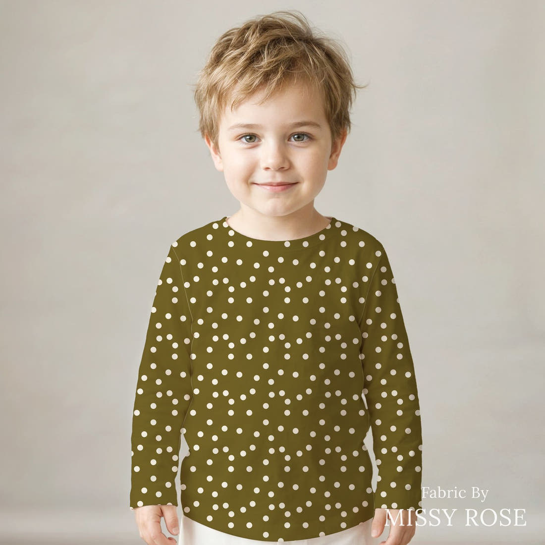 Indy Bloom Fabric Grandmas Garden Olive Polka 19 sewn into a kids' all-over tee - custom printed fabric | Fabric by Missy Rose