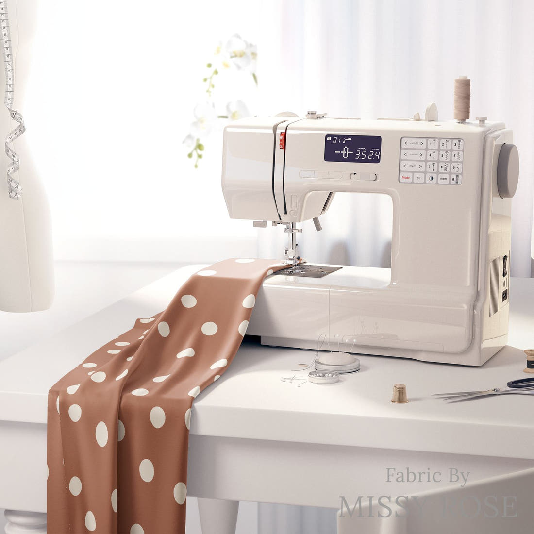 Indy Bloom Fabric Grandmas Garden Rust Polka 20 fabric on a sewing machine - sew your own | Fabric by Missy Rose