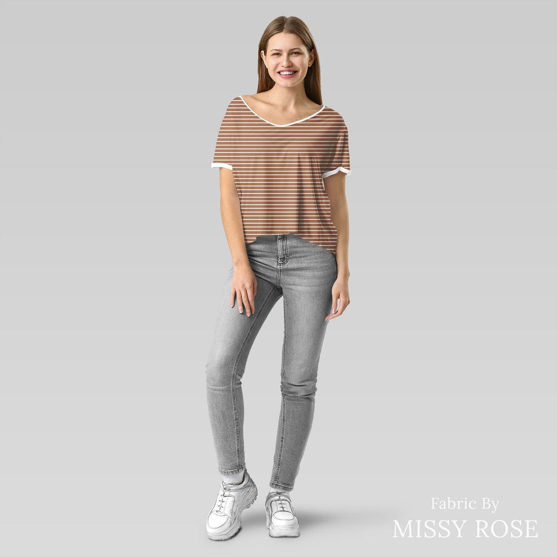 Indy Bloom Fabric Grandmas Garden Rust Stripe 23 sewn into an everyday tee - custom printed fabric | Fabric by Missy Rose