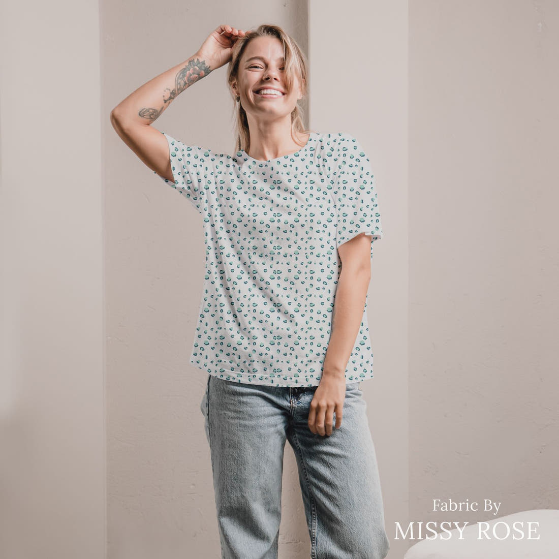 Indy Bloom Fabric Gumdrop Florals Aqua Cheetah 03 sewn into an all-over print shirt - custom printed fabric | Fabric by Missy Rose
