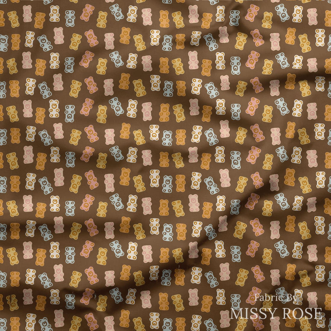 Indy Bloom Fabric Hocus Pocus Bears Chocolate 12 draped fabric mockup - custom printed fabric by the metre | Fabric by Missy Rose