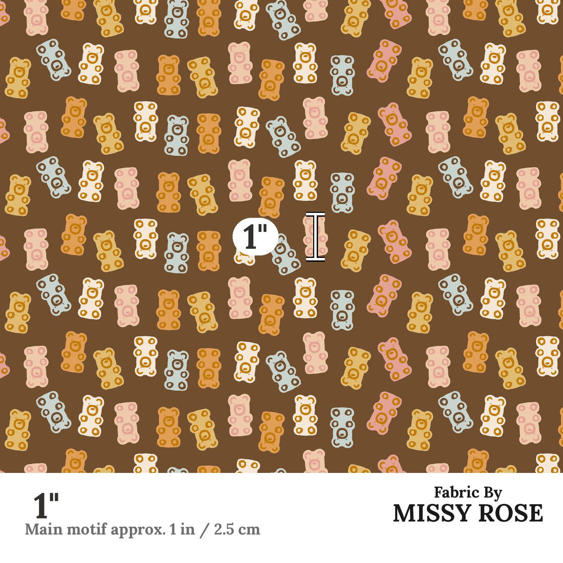 Indy Bloom Fabric Hocus Pocus Bears Chocolate 12 1 inch print scale guide | Fabric by Missy Rose