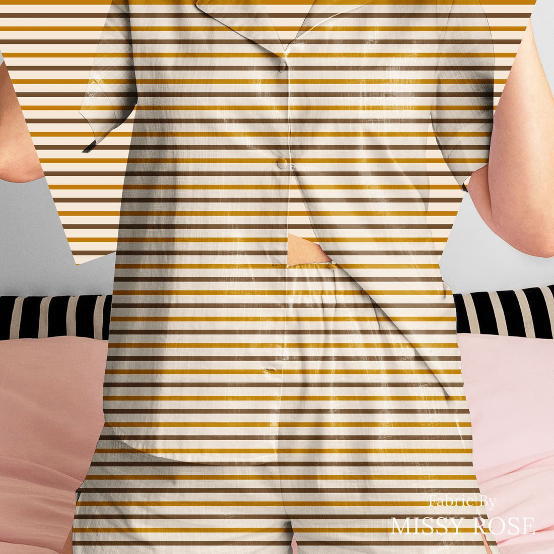 Indy Bloom Fabric Hocus Pocus Caramel Chocolate Stripe 16 sewn into a women's pyjama set - custom printed fabric | Fabric by Missy Rose
