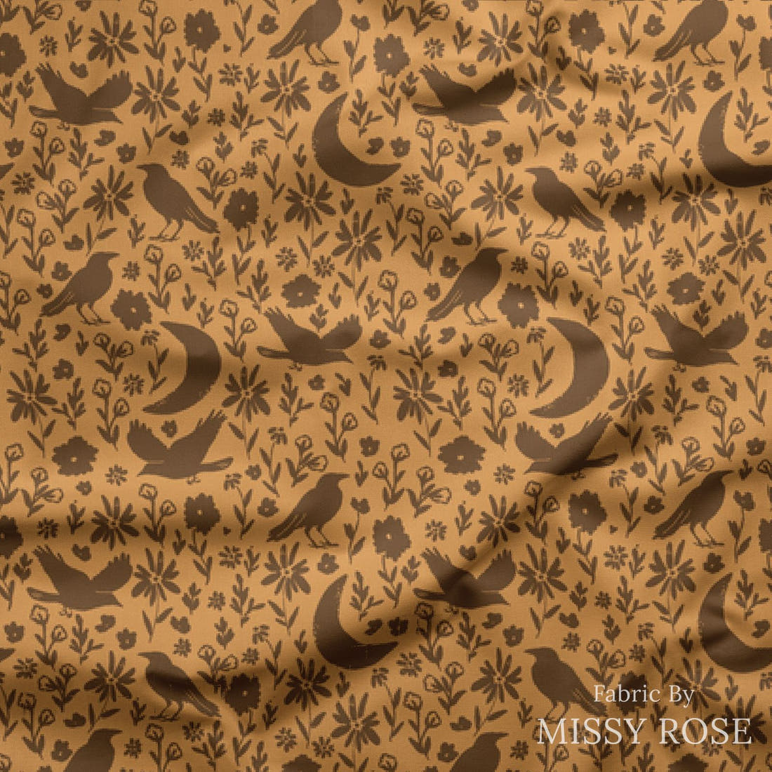 Indy Bloom Fabric Hocus Pocus Crop field in Pumpkin 08 draped fabric mockup - custom printed fabric by the metre | Fabric by Missy Rose