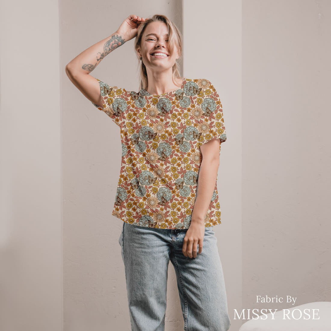 Indy Bloom Fabric Hocus Pocus Golden Girl 02 sewn into an all-over print shirt - custom printed fabric | Fabric by Missy Rose