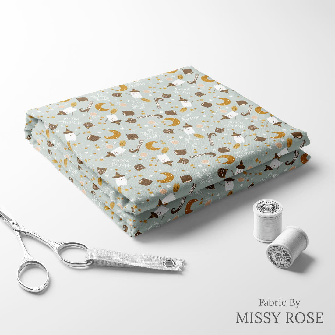 Indy Bloom Fabric Hocus Pocus Hocus in Fog 06 folded fabric stack with matching thread - pre-order fabric Australia | Fabric by Missy Rose