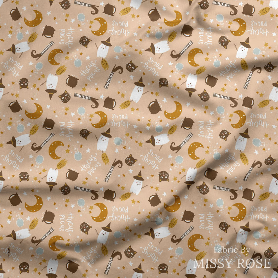 Indy Bloom Fabric Hocus Pocus Hocus in Peach 07 draped fabric mockup - custom printed fabric by the metre | Fabric by Missy Rose