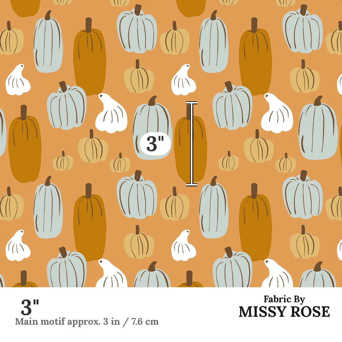 Indy Bloom Fabric Hocus Pocus Patch in Pumpkin 10 3 inch print scale guide | Fabric by Missy Rose