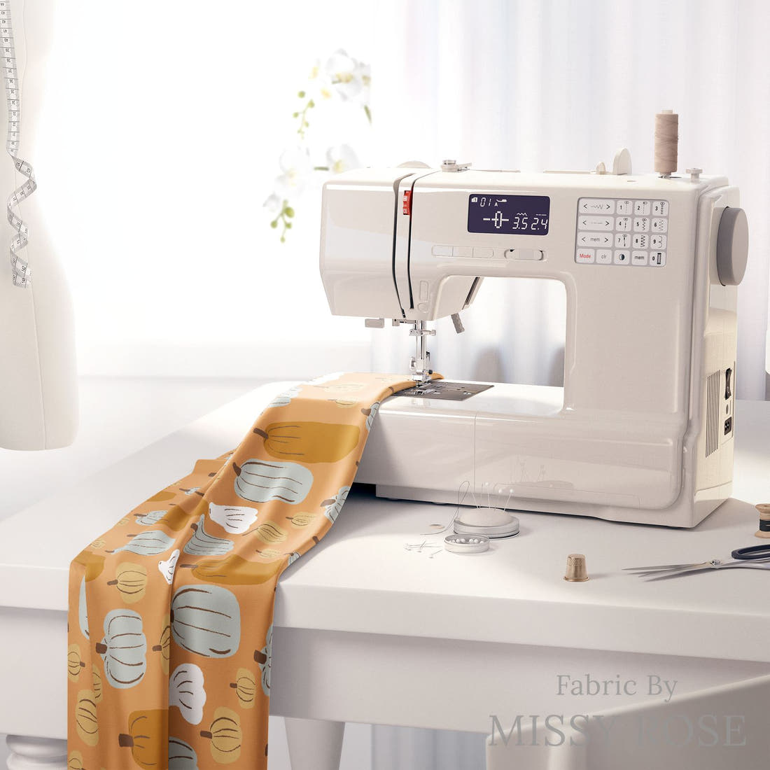 Indy Bloom Fabric Hocus Pocus Patch in Pumpkin 10 fabric on a sewing machine - sew your own | Fabric by Missy Rose