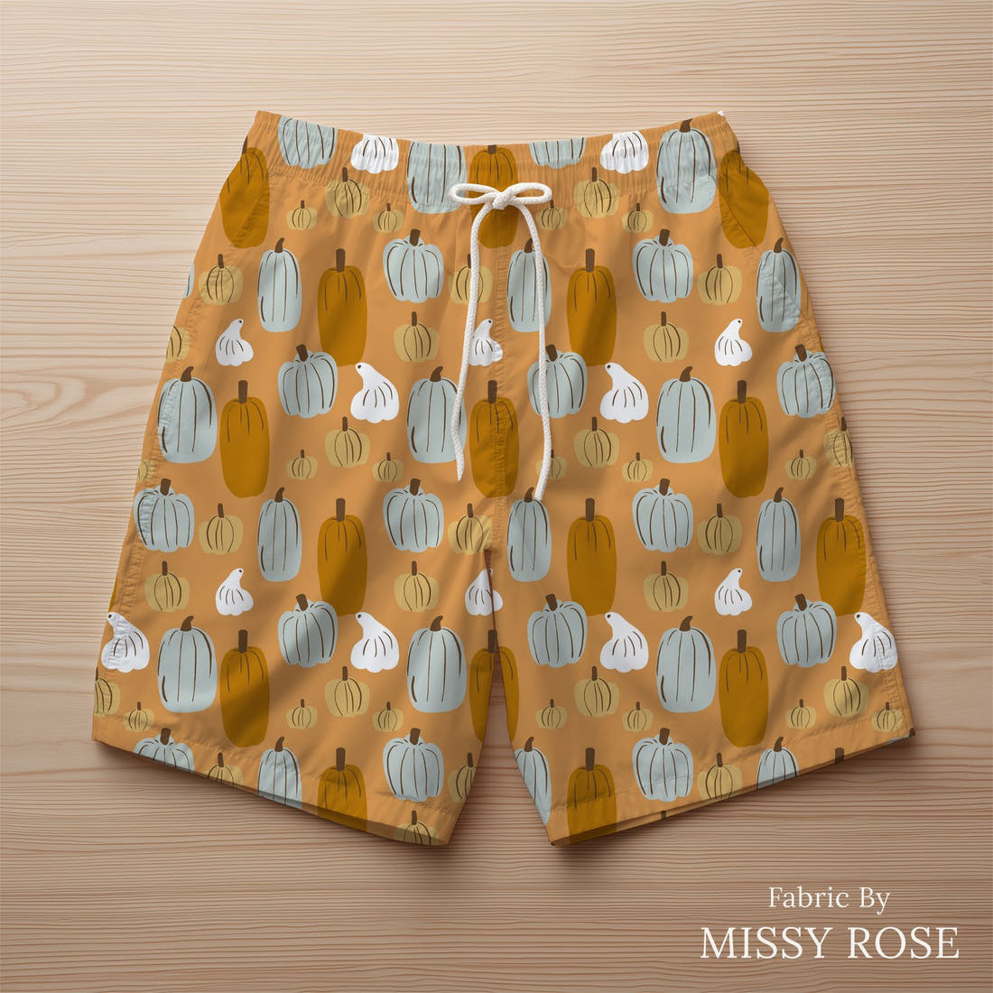 Indy Bloom Fabric Hocus Pocus Patch in Pumpkin 10 sewn into swim shorts - custom printed fabric | Fabric by Missy Rose