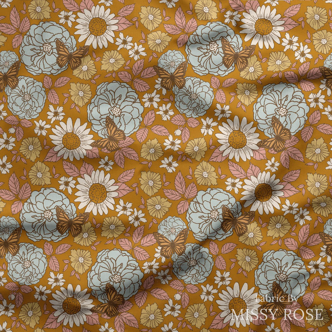 Indy Bloom Fabric Hocus Pocus Pumpkin Spice 01 draped fabric mockup - custom printed fabric by the metre | Fabric by Missy Rose