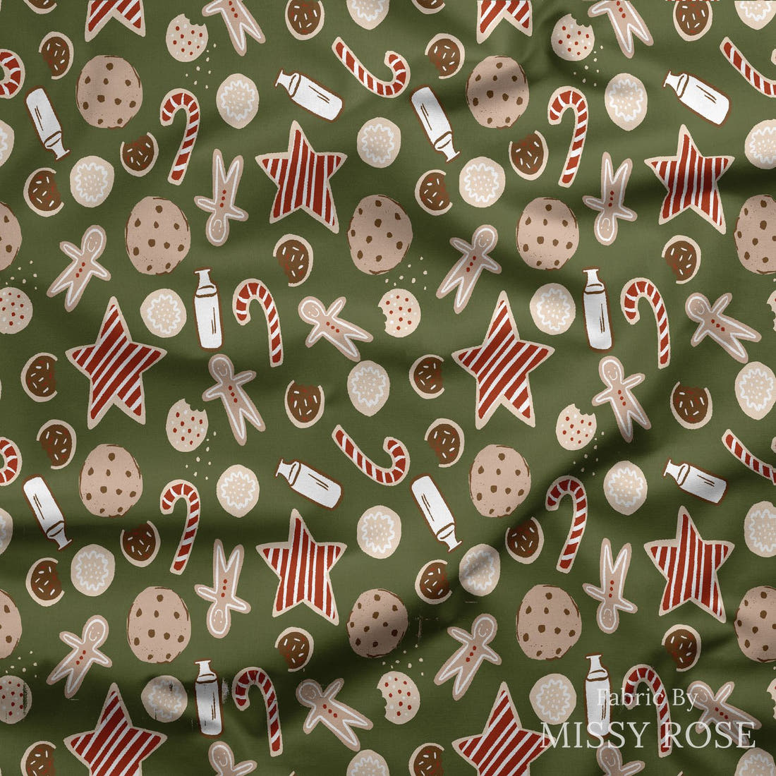 Indy Bloom Fabric Holly Jolly Cookie in Evergreen 09 draped fabric mockup - custom printed fabric by the metre | Fabric by Missy Rose