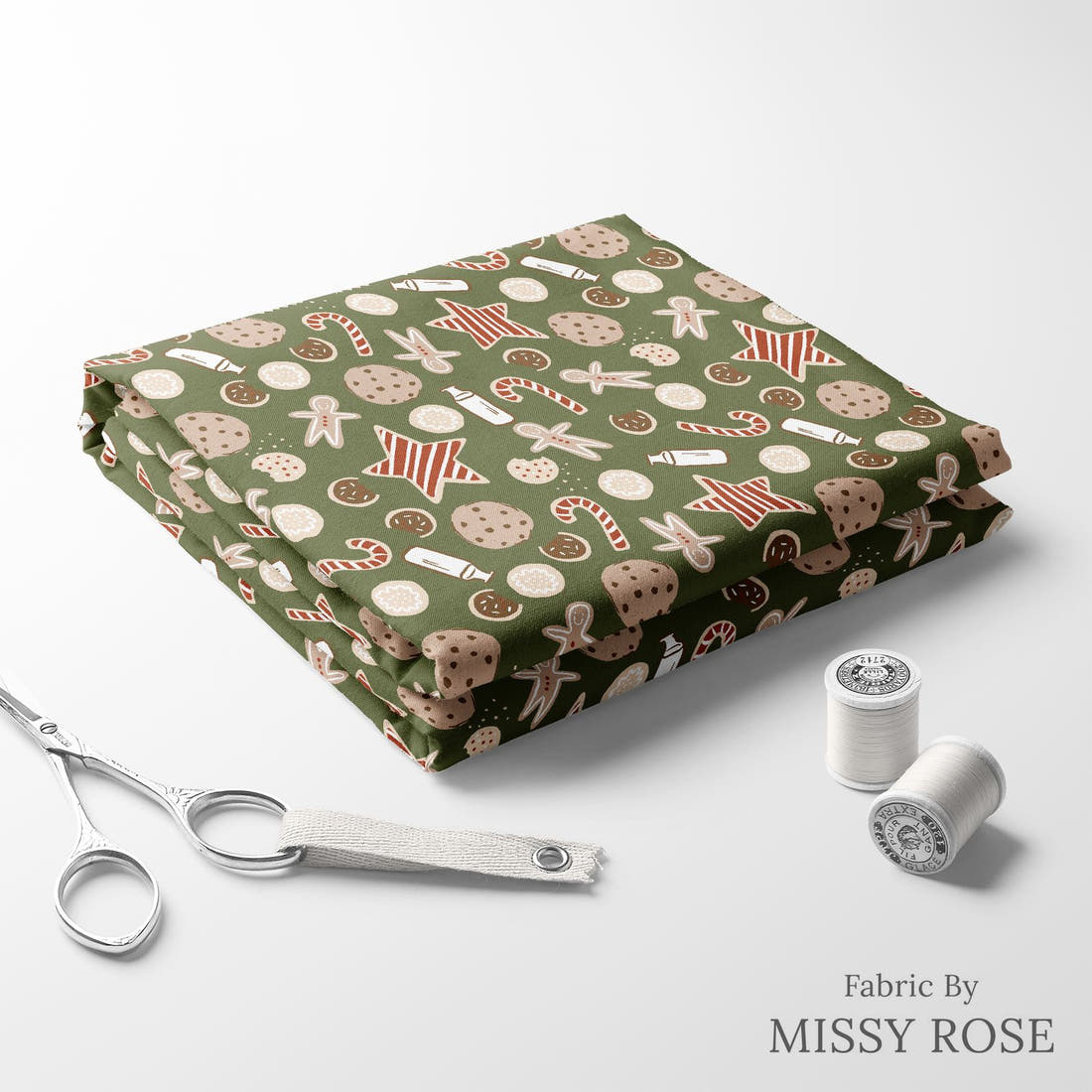 Indy Bloom Fabric Holly Jolly Cookie in Evergreen 09 folded fabric stack with matching thread - pre-order fabric Australia | Fabric by Missy Rose