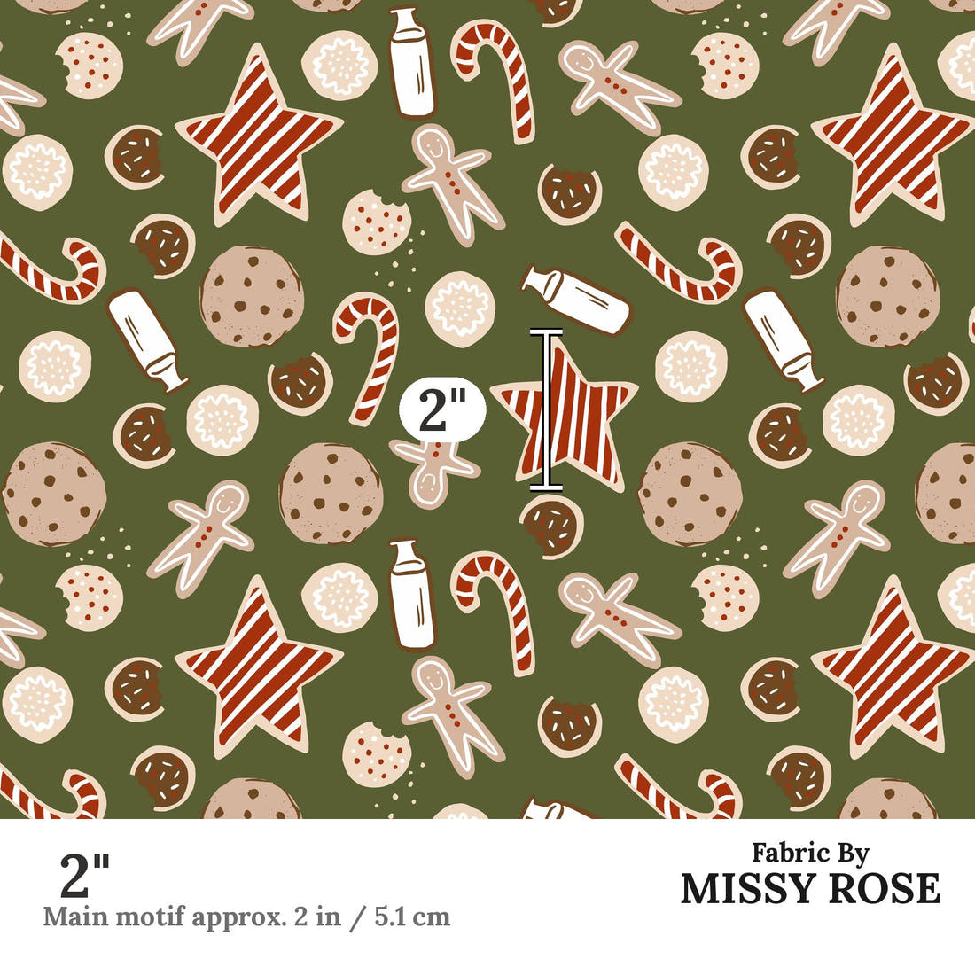 Indy Bloom Fabric Holly Jolly Cookie in Evergreen 09 2 inch print scale guide | Fabric by Missy Rose