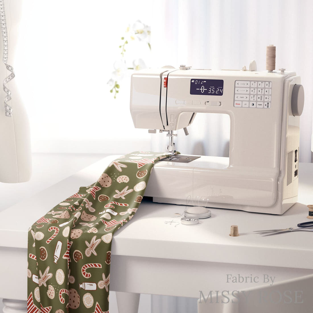 Indy Bloom Fabric Holly Jolly Cookie in Evergreen 09 fabric on a sewing machine - sew your own | Fabric by Missy Rose