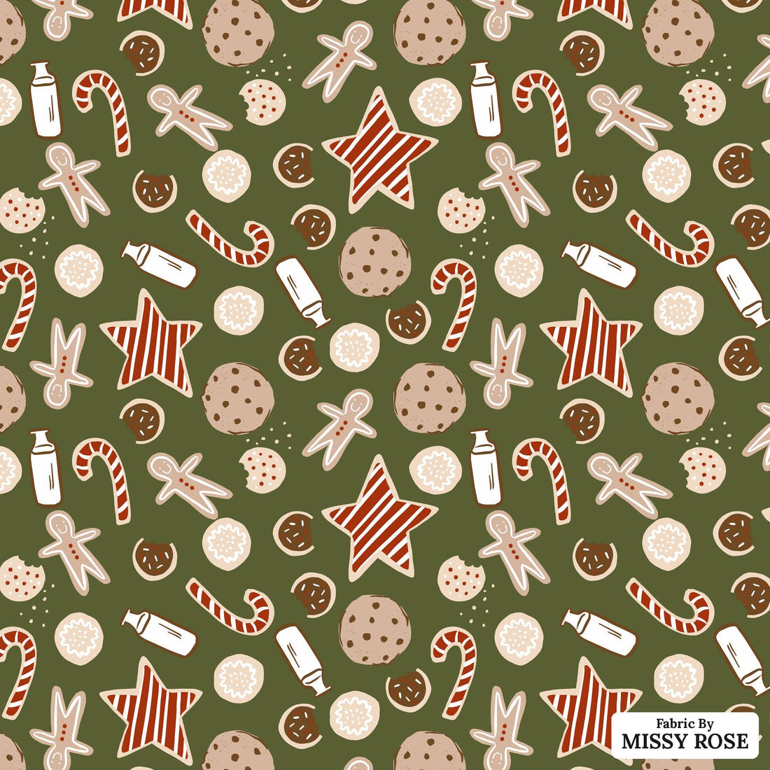 Indy Bloom Fabric Holly Jolly Cookie in Evergreen 09 flat view of the printed design | Fabric by Missy Rose