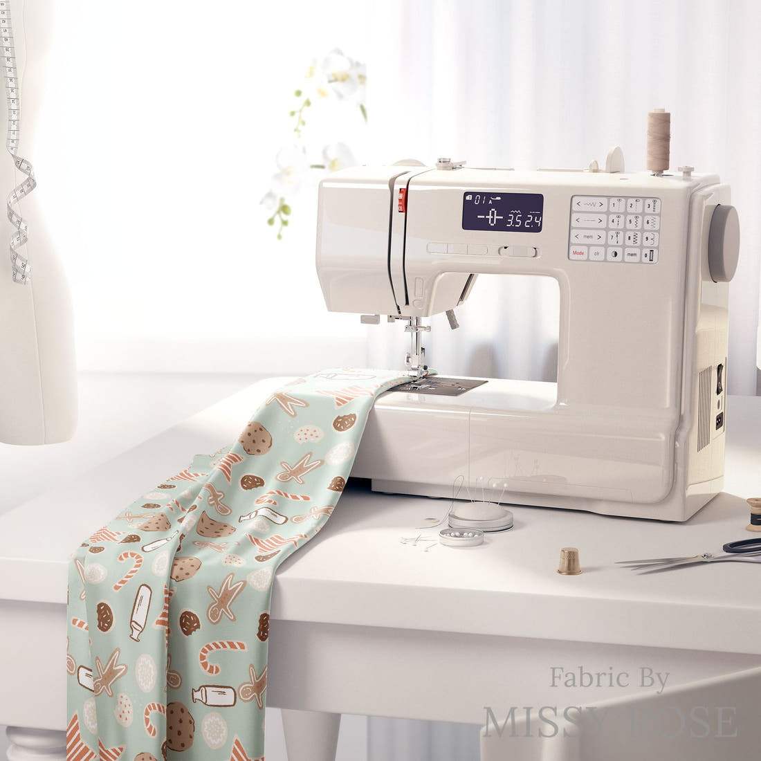 Indy Bloom Fabric Holly Jolly Cookie in Sugar 10 fabric on a sewing machine - sew your own | Fabric by Missy Rose