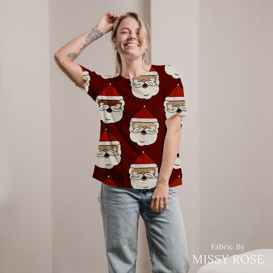 Indy Bloom Fabric Holly Jolly Crimson 04 sewn into an all-over print shirt - custom printed fabric | Fabric by Missy Rose