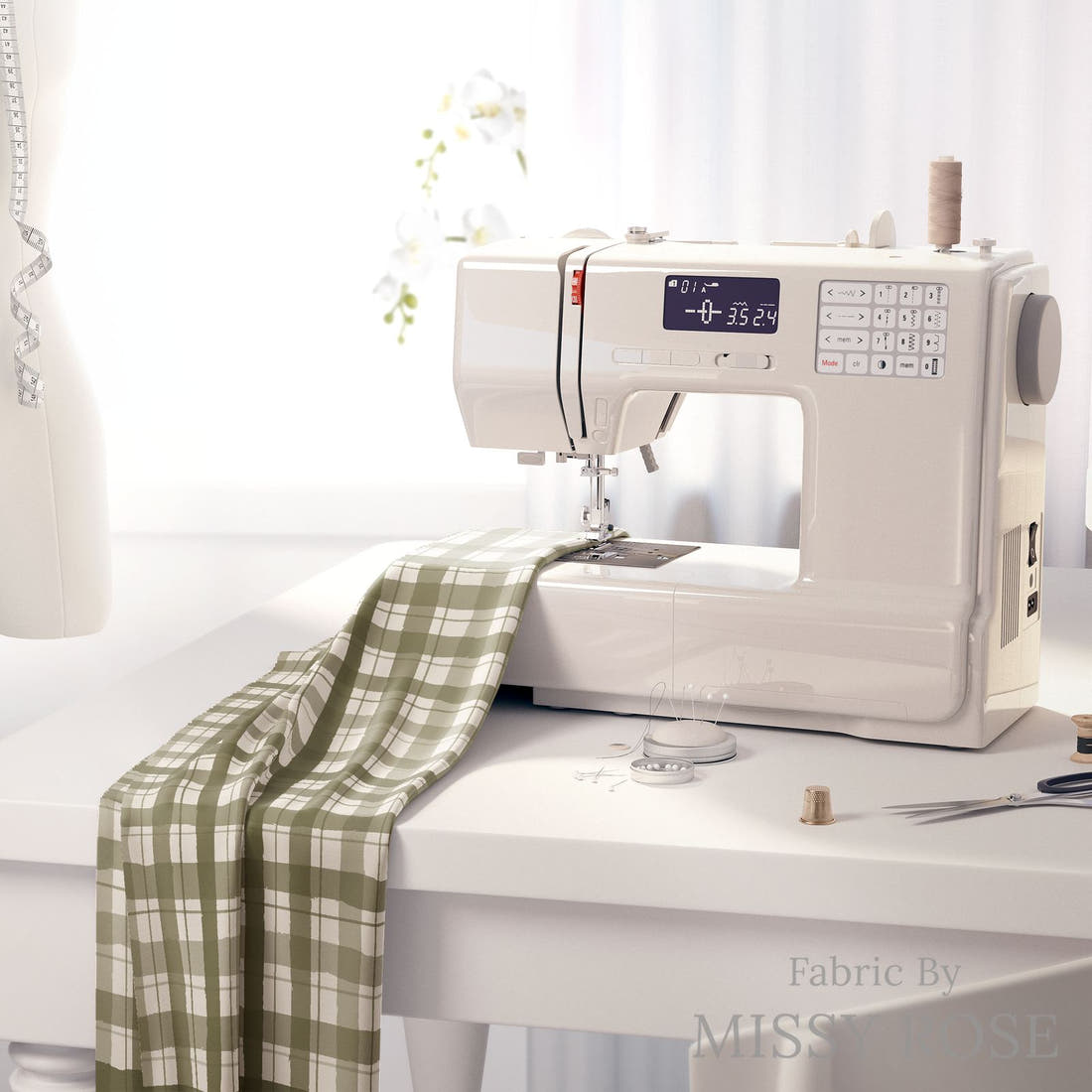 Indy Bloom Fabric Holly Jolly Gingham in Evergreen 14 fabric on a sewing machine - sew your own | Fabric by Missy Rose