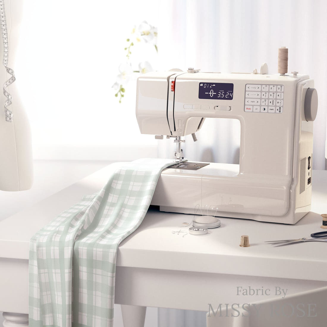 Indy Bloom Fabric Holly Jolly Gingham in Peppermint 16 fabric on a sewing machine - sew your own | Fabric by Missy Rose