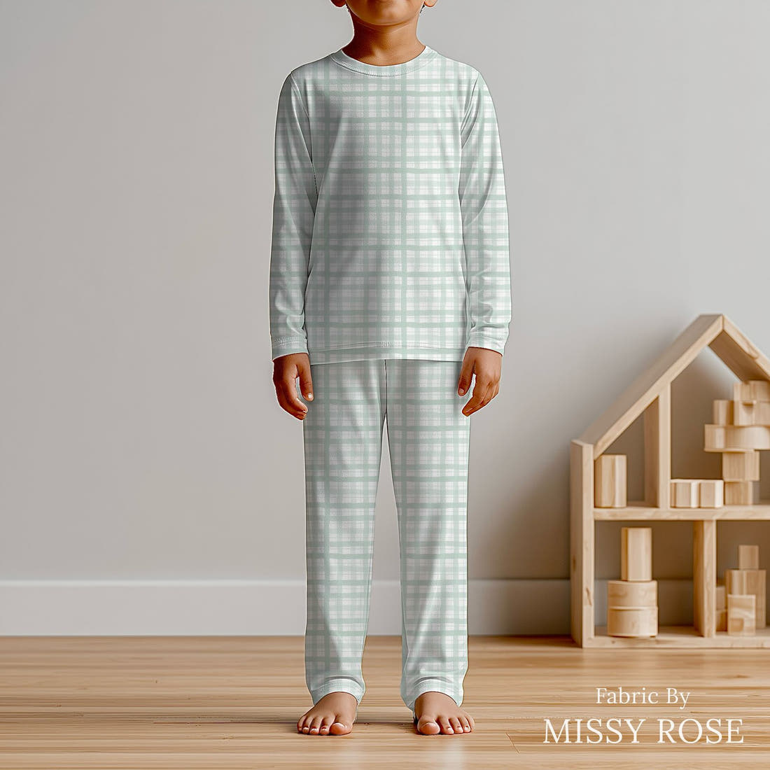 Indy Bloom Fabric Holly Jolly Gingham in Peppermint 16 sewn into kids' pyjamas - custom printed fabric | Fabric by Missy Rose