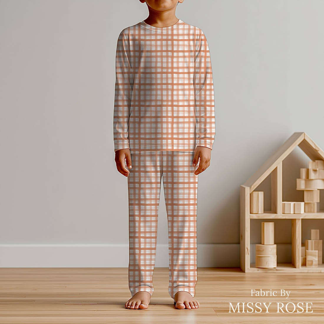 Indy Bloom Fabric Holly Jolly Gingham in Sugar 15 sewn into kids' pyjamas - custom printed fabric | Fabric by Missy Rose