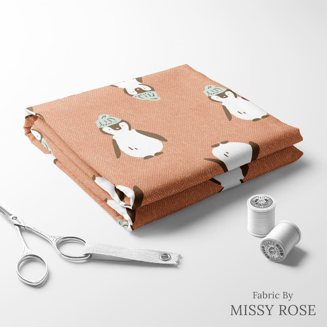Indy Bloom Fabric Holly Jolly Penguins knit 08 folded fabric stack with matching thread - pre-order fabric Australia | Fabric by Missy Rose