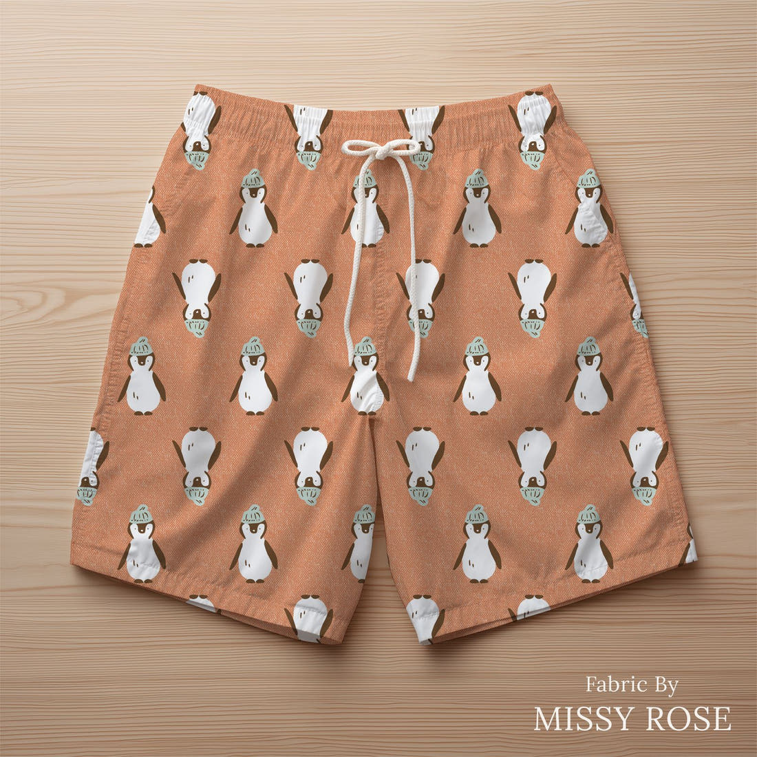 Indy Bloom Fabric Holly Jolly Penguins knit 08 sewn into swim shorts - custom printed fabric | Fabric by Missy Rose