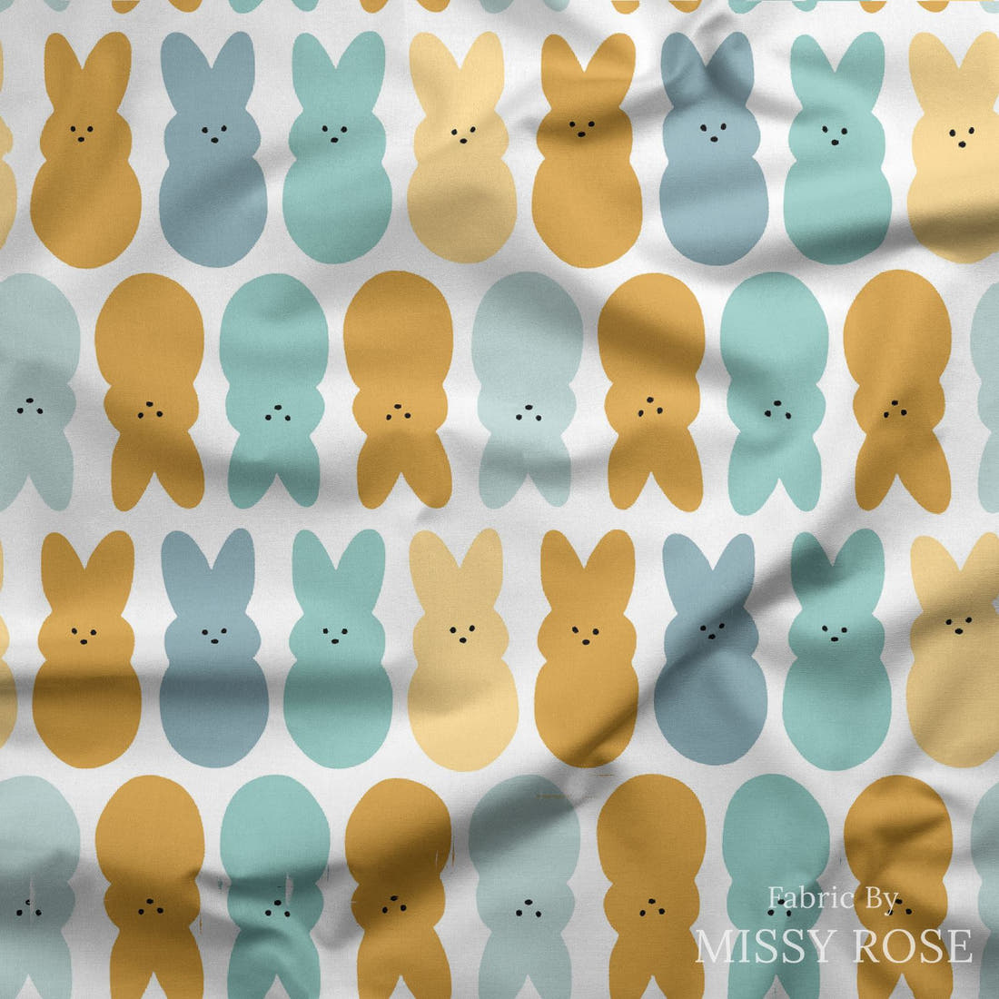Indy Bloom Fabric Hunny Bunny Bunnies Blue 03 draped fabric mockup - custom printed fabric by the metre | Fabric by Missy Rose