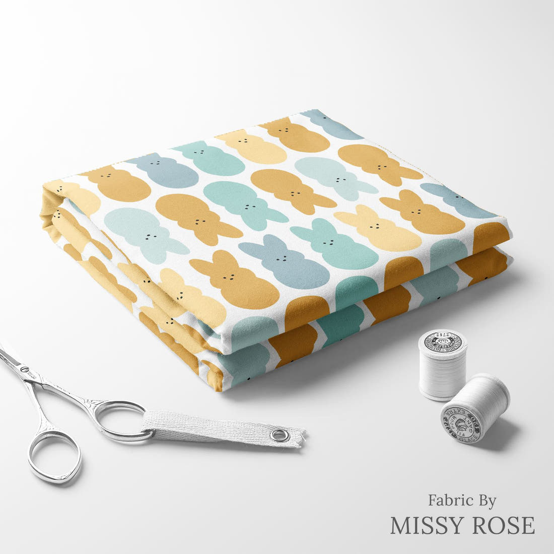 Indy Bloom Fabric Hunny Bunny Bunnies Blue 03 folded fabric stack with matching thread - pre-order fabric Australia | Fabric by Missy Rose