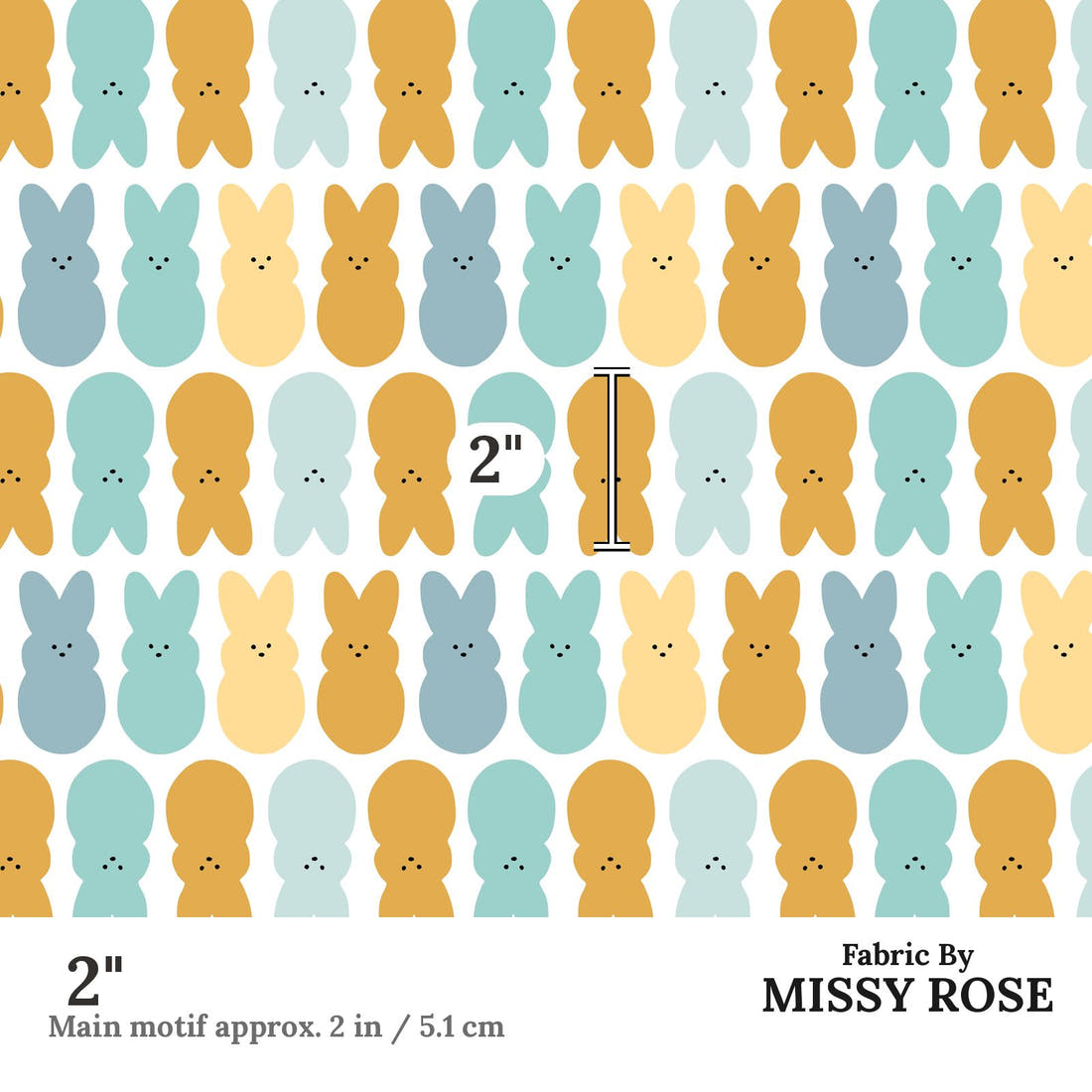 Indy Bloom Fabric Hunny Bunny Bunnies Blue 03 2 inch print scale guide | Fabric by Missy Rose