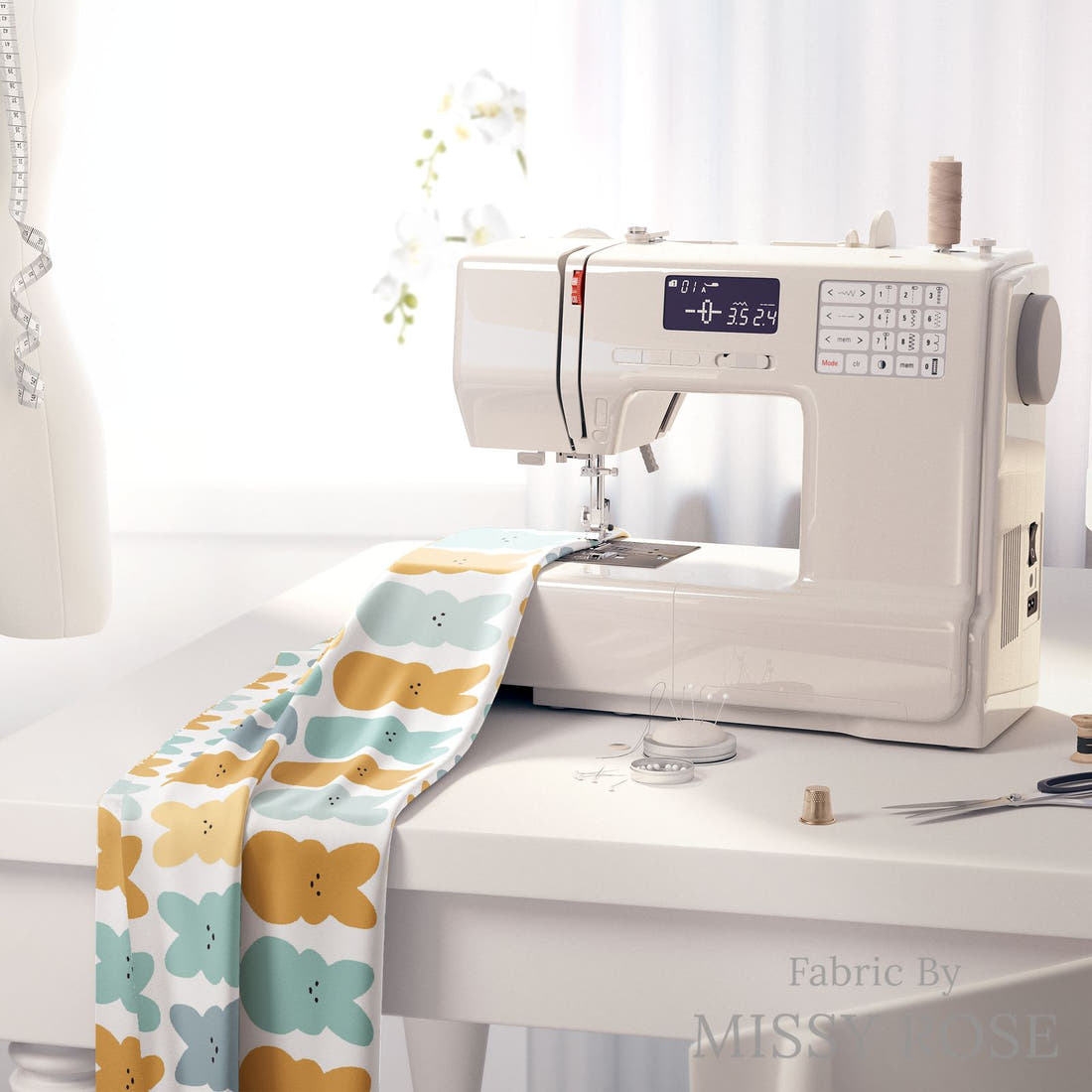 Indy Bloom Fabric Hunny Bunny Bunnies Blue 03 fabric on a sewing machine - sew your own | Fabric by Missy Rose