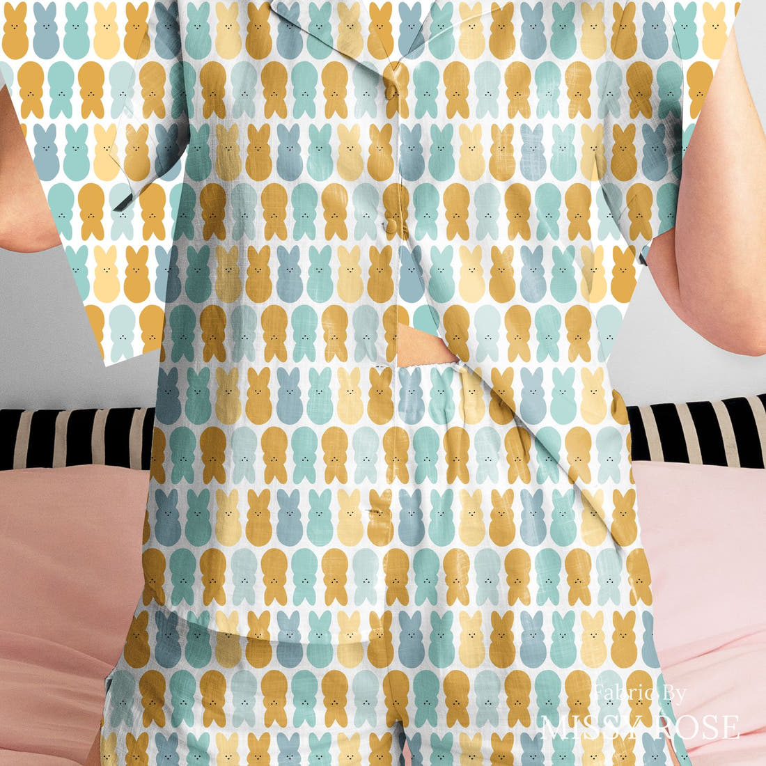 Indy Bloom Fabric Hunny Bunny Bunnies Blue 03 sewn into a women's pyjama set - custom printed fabric | Fabric by Missy Rose