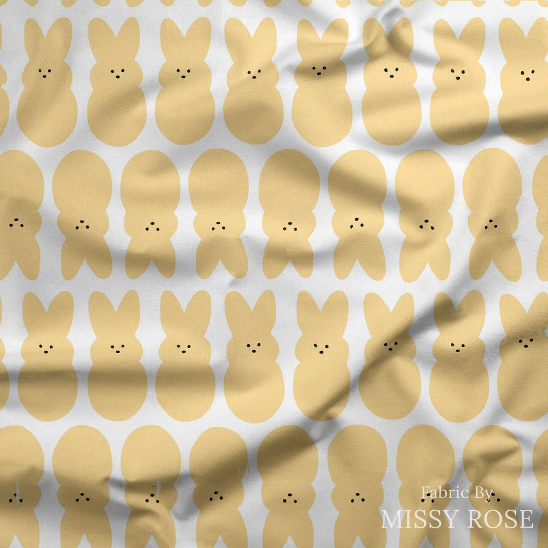 Indy Bloom Fabric Hunny Bunny Bunnies Daffodil 06 draped fabric mockup - custom printed fabric by the metre | Fabric by Missy Rose