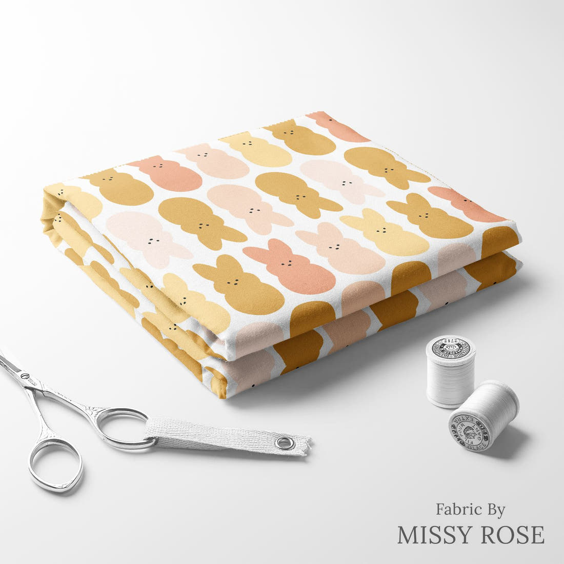 Indy Bloom Fabric Hunny Bunny Bunnies Sunshine 04 folded fabric stack with matching thread - pre-order fabric Australia | Fabric by Missy Rose