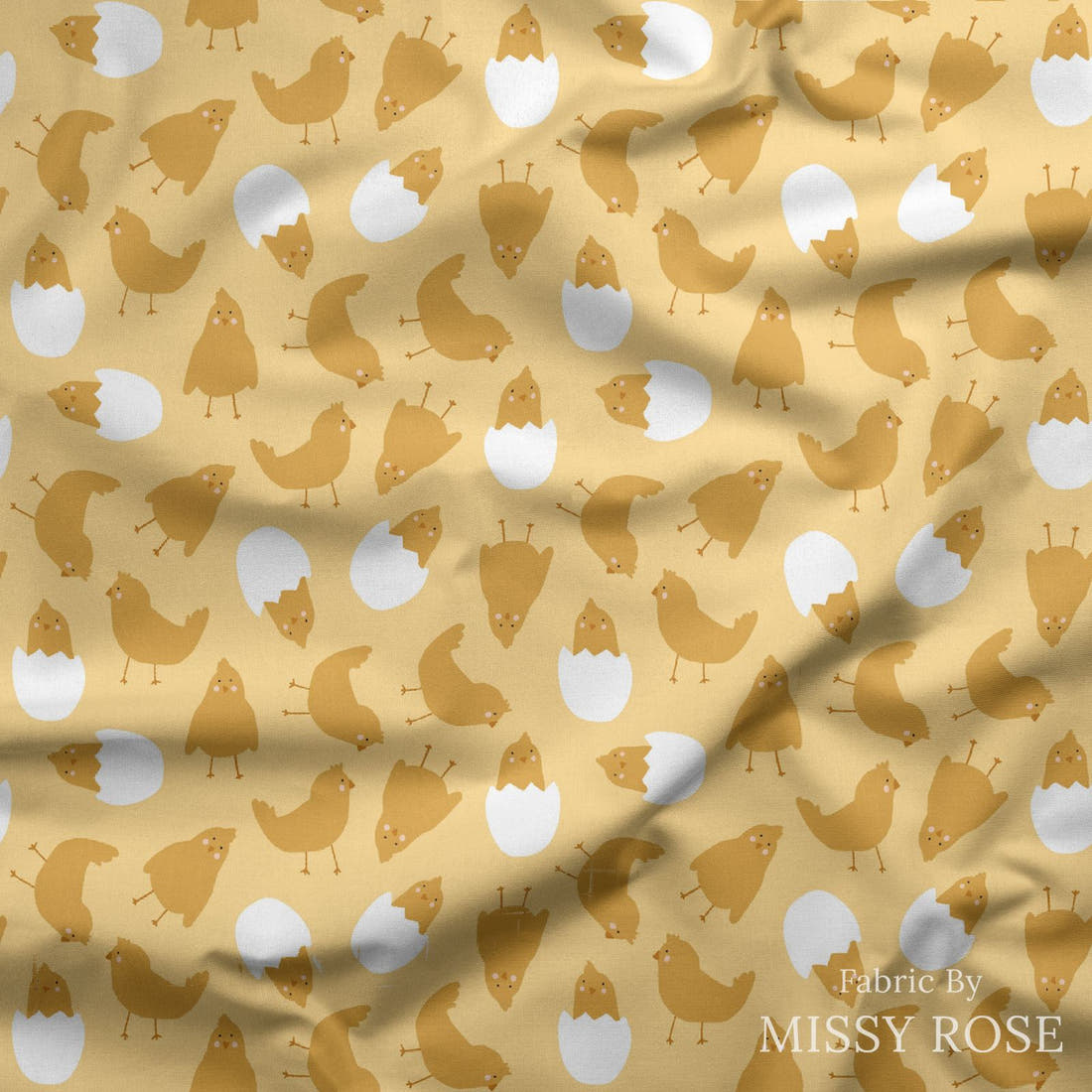 Indy Bloom Fabric Hunny Bunny Chickies Daffodil 08 draped fabric mockup - custom printed fabric by the metre | Fabric by Missy Rose