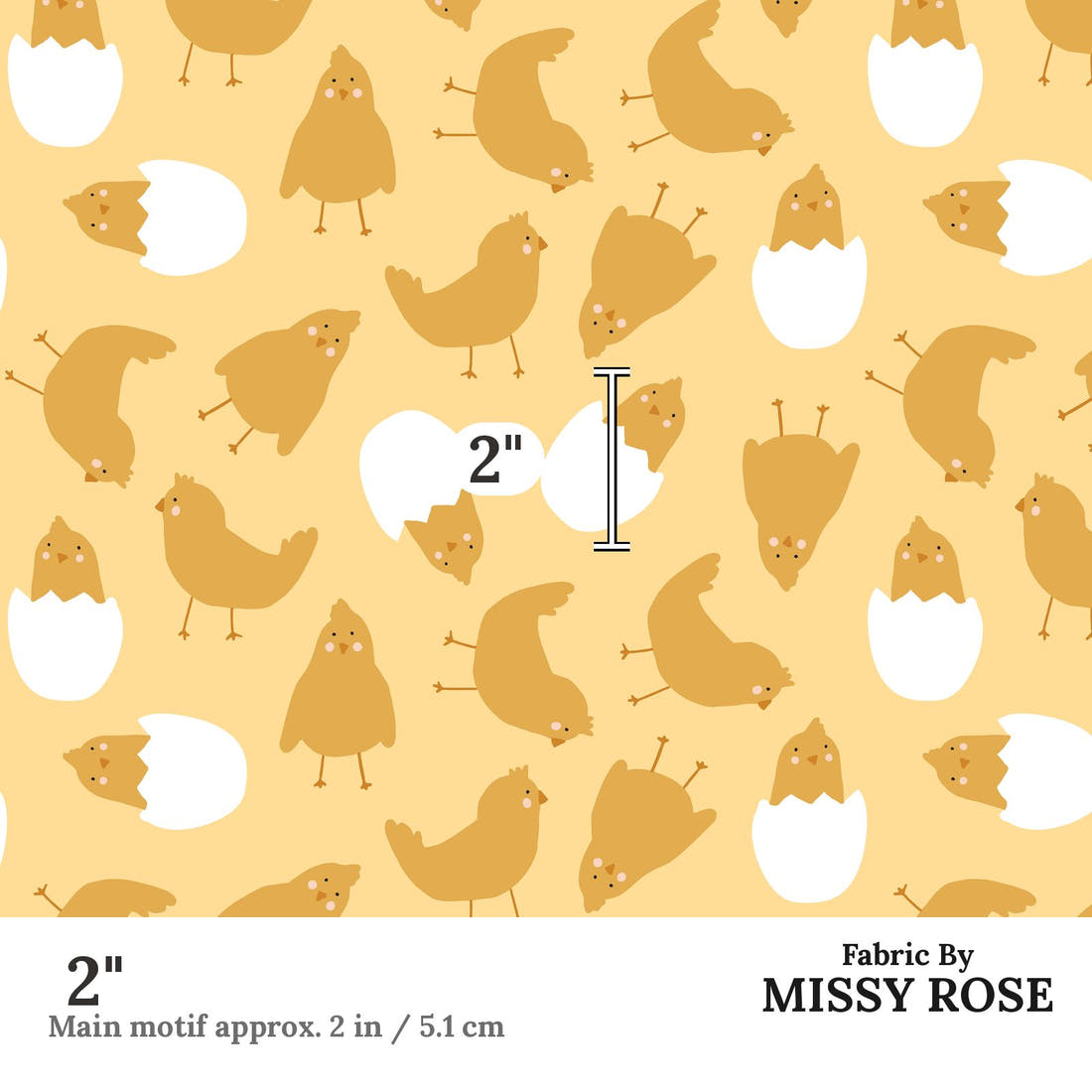 Indy Bloom Fabric Hunny Bunny Chickies Daffodil 08 2 inch print scale guide | Fabric by Missy Rose