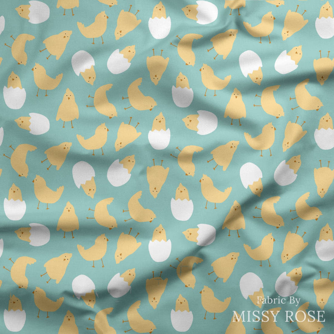 Indy Bloom Fabric Hunny Bunny Chickies Teal 07 draped fabric mockup - custom printed fabric by the metre | Fabric by Missy Rose