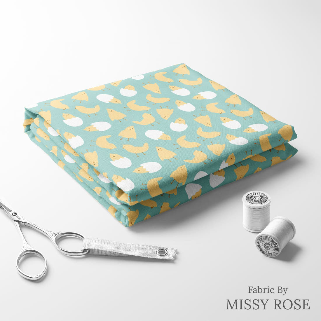 Indy Bloom Fabric Hunny Bunny Chickies Teal 07 folded fabric stack with matching thread - pre-order fabric Australia | Fabric by Missy Rose