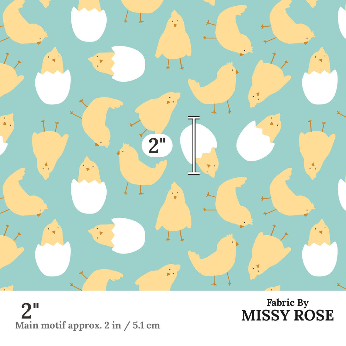 Indy Bloom Fabric Hunny Bunny Chickies Teal 07 2 inch print scale guide | Fabric by Missy Rose