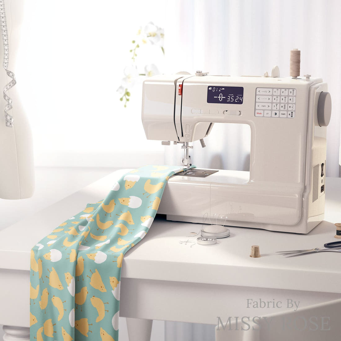 Indy Bloom Fabric Hunny Bunny Chickies Teal 07 fabric on a sewing machine - sew your own | Fabric by Missy Rose