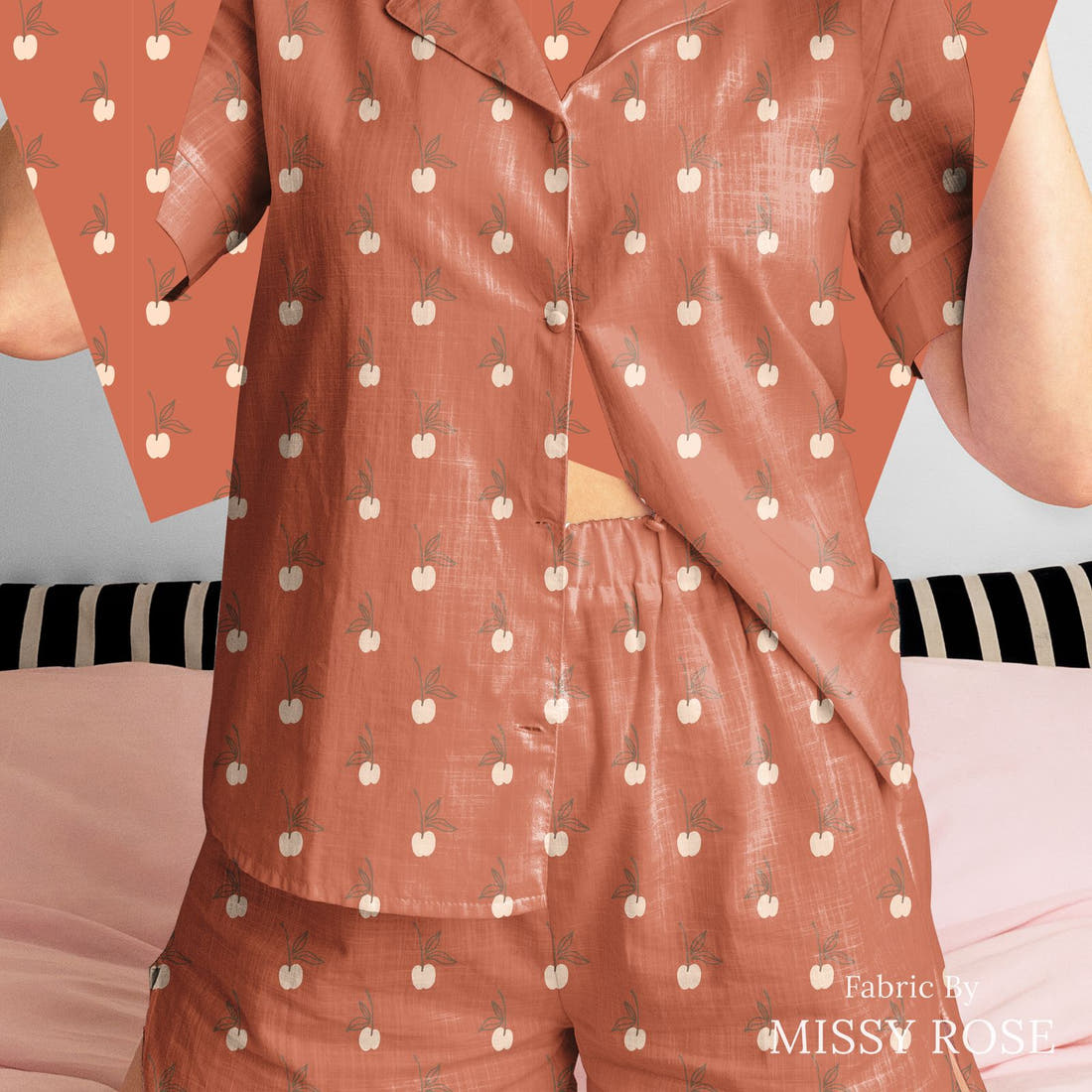 Indy Bloom Fabric Infatuated Valentine Cherry Red 12 sewn into a women's pyjama set - custom printed fabric | Fabric by Missy Rose