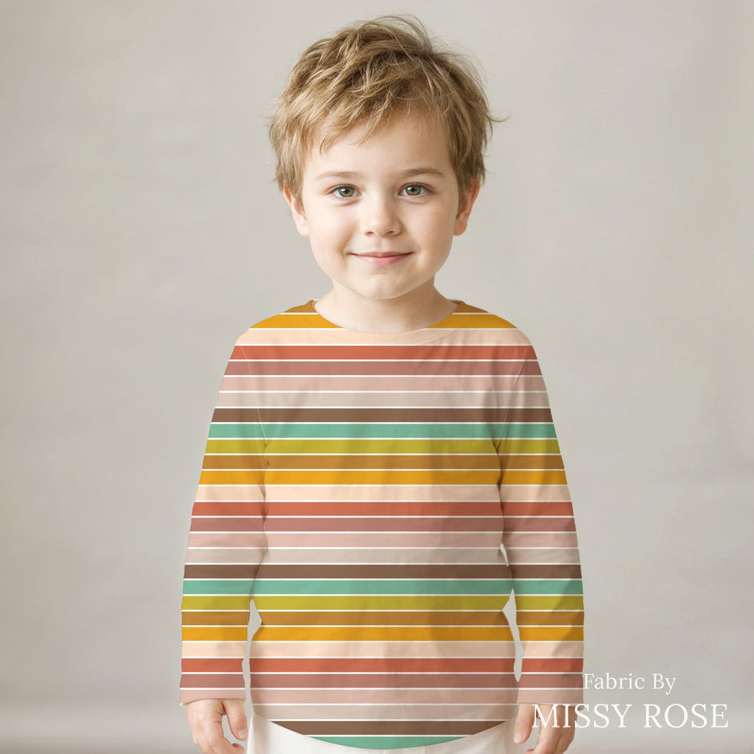 Indy Bloom Fabric Infatuated Valentine Colour Wheel Stripe 14 sewn into a kids' all-over tee - custom printed fabric | Fabric by Missy Rose