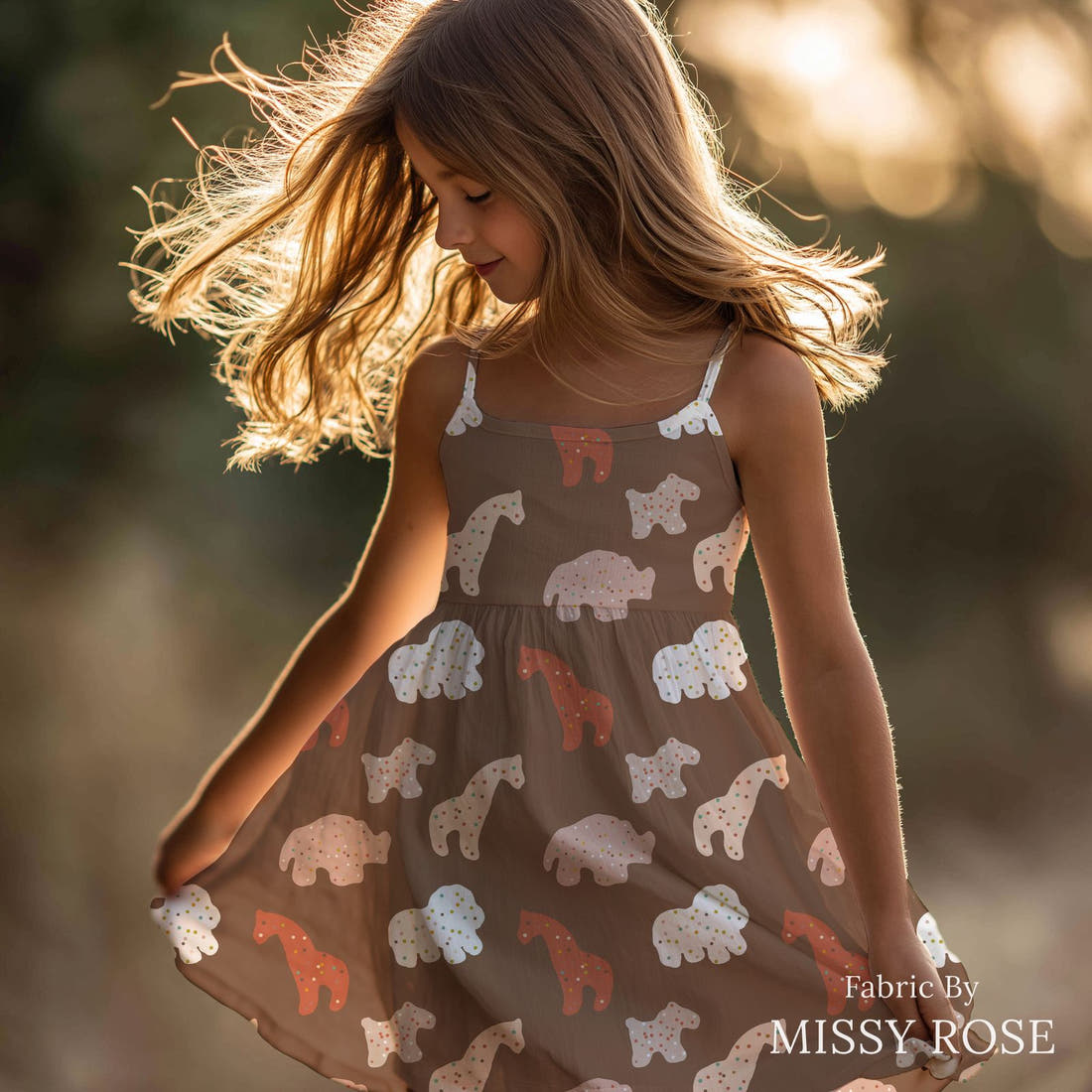 Indy Bloom Fabric Infatuated Valentine Cookie in Chocolate 11 sewn into a girls' dress - custom printed fabric | Fabric by Missy Rose