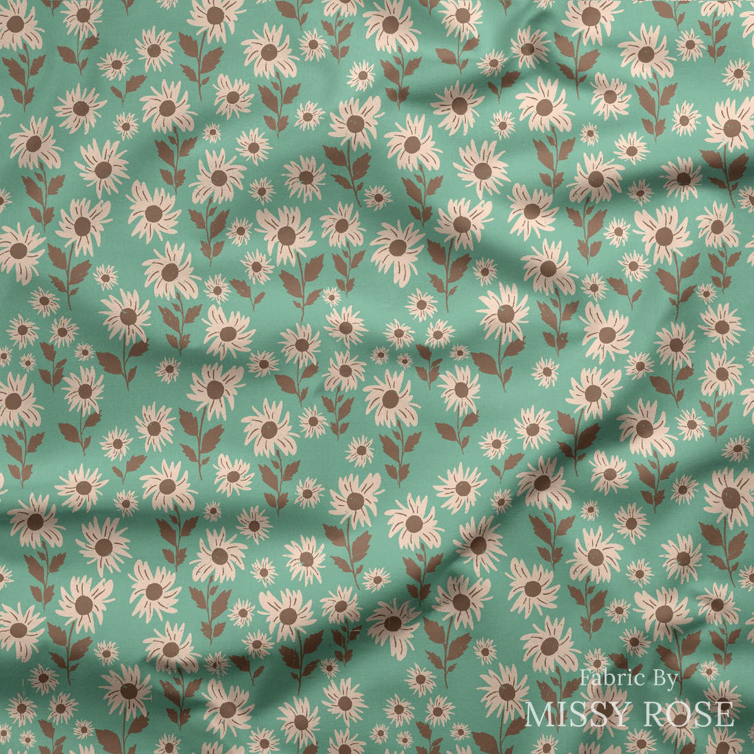 Indy Bloom Fabric Infatuated Valentine Daisy fields in Teal 02 draped fabric mockup - custom printed fabric by the metre | Fabric by Missy Rose
