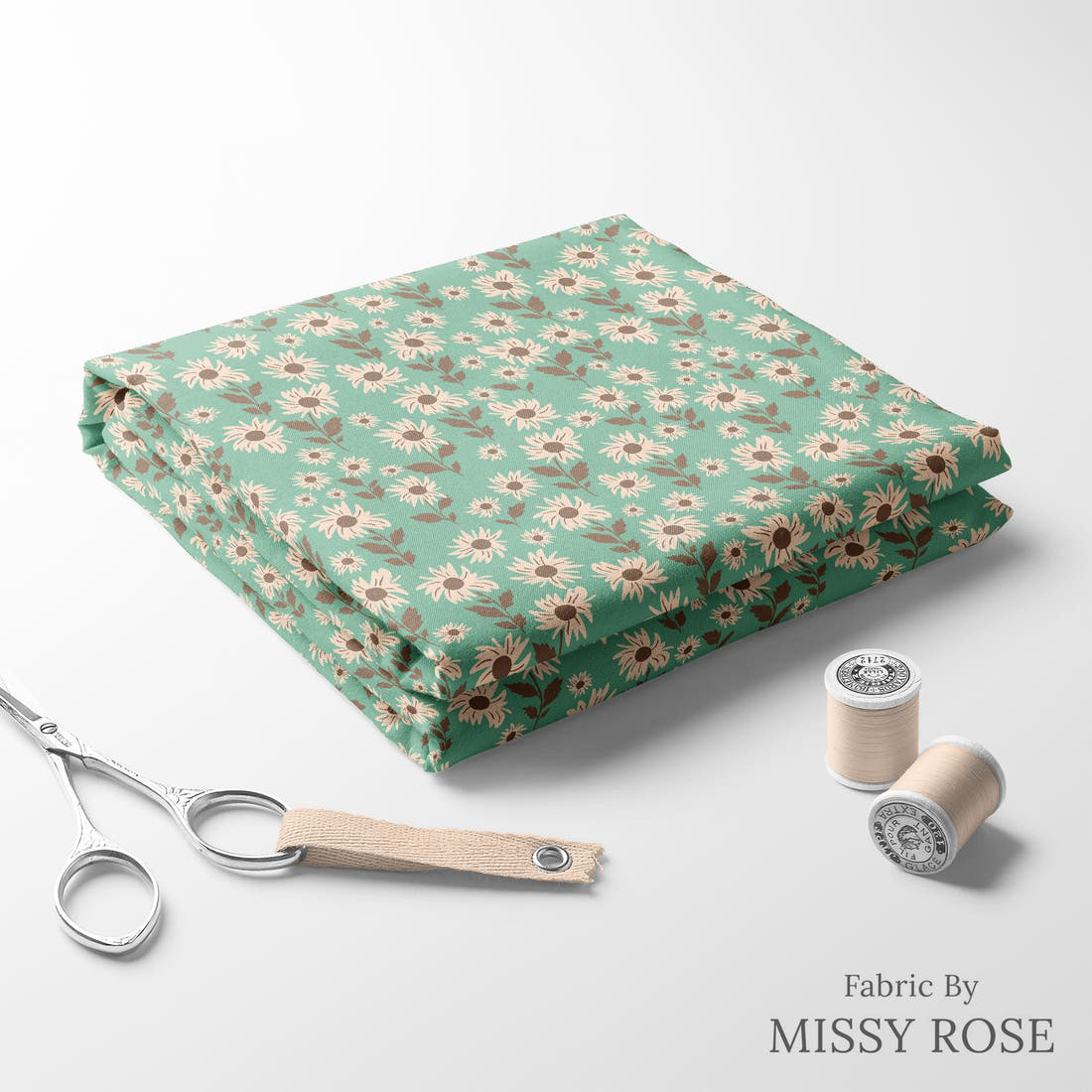 Indy Bloom Fabric Infatuated Valentine Daisy fields in Teal 02 folded fabric stack with matching thread - pre-order fabric Australia | Fabric by Missy Rose